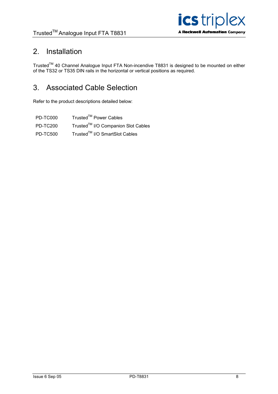 Installation, Associated cable selection, Trusted | Analogue input fta t8831 | Rockwell Automation T8831 Trusted 40 Channel Analogue FTA Non-incendive User Manual | Page 8 / 14