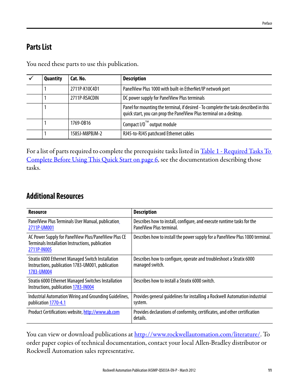 Parts list, Additional resources, Parts list additional resources | Rockwell Automation Logix5000 Control Systems: Connect PanelView Plus Terminals over EtherNet/IP Quick Start User Manual | Page 11 / 56