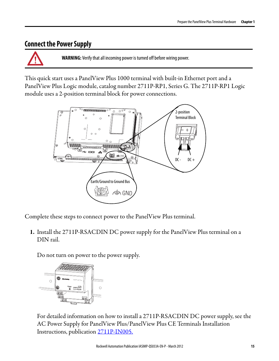 Connect the power supply, Connect the, Power supply | Rockwell Automation Logix5000 Control Systems: Connect PanelView Plus Terminals over EtherNet/IP Quick Start User Manual | Page 15 / 56