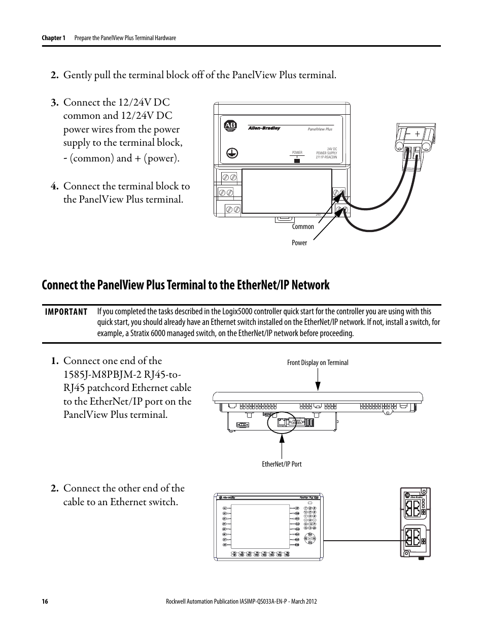 Connect the panelview plus terminal to the, Connect the panelview, Plus terminal to the | Ethernet/ip network | Rockwell Automation Logix5000 Control Systems: Connect PanelView Plus Terminals over EtherNet/IP Quick Start User Manual | Page 16 / 56