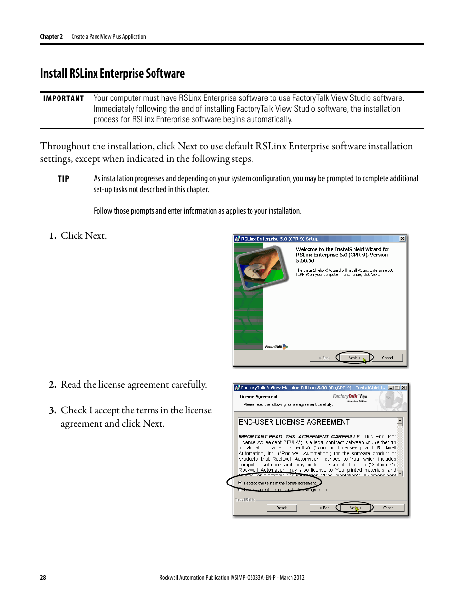 Install rslinx enterprise software, Install rslinx, Enterprise software | Rockwell Automation Logix5000 Control Systems: Connect PanelView Plus Terminals over EtherNet/IP Quick Start User Manual | Page 28 / 56