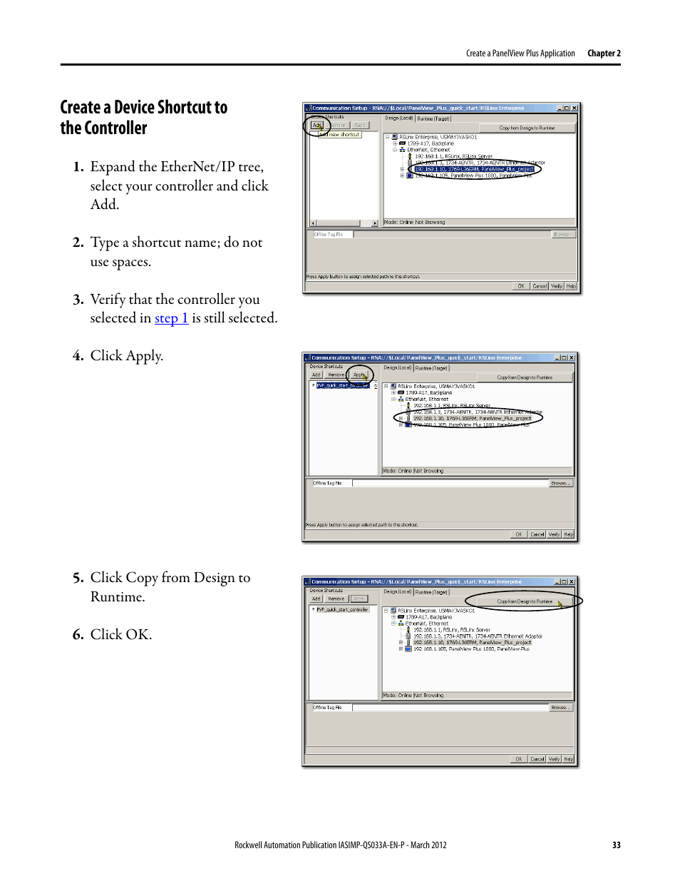 Create a device shortcut to the controller, Create a device, Shortcut to | The controller | Rockwell Automation Logix5000 Control Systems: Connect PanelView Plus Terminals over EtherNet/IP Quick Start User Manual | Page 33 / 56