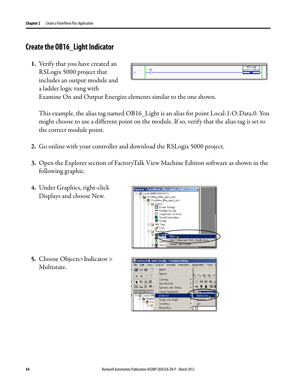 Create the ob16_light indicator, Create the, Ob16_light | Indicator | Rockwell Automation Logix5000 Control Systems: Connect PanelView Plus Terminals over EtherNet/IP Quick Start User Manual | Page 34 / 56