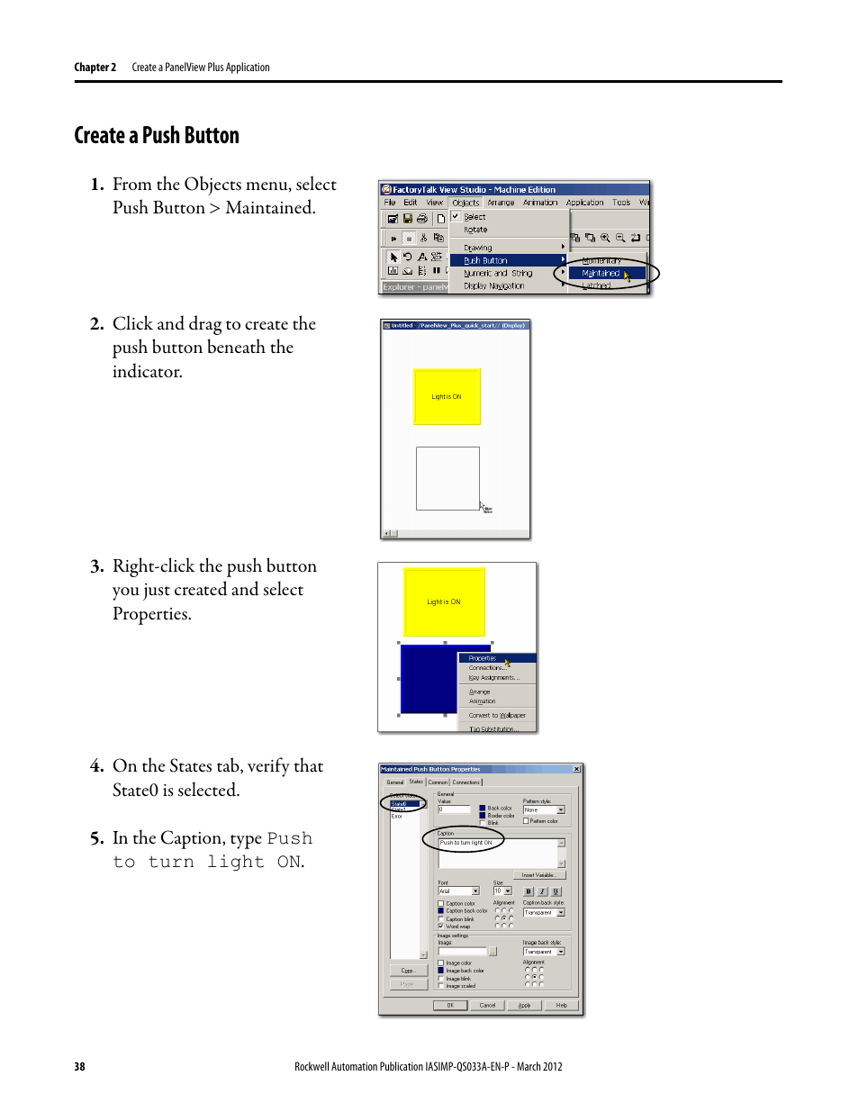 Create a push button, Create a push, Button | Rockwell Automation Logix5000 Control Systems: Connect PanelView Plus Terminals over EtherNet/IP Quick Start User Manual | Page 38 / 56