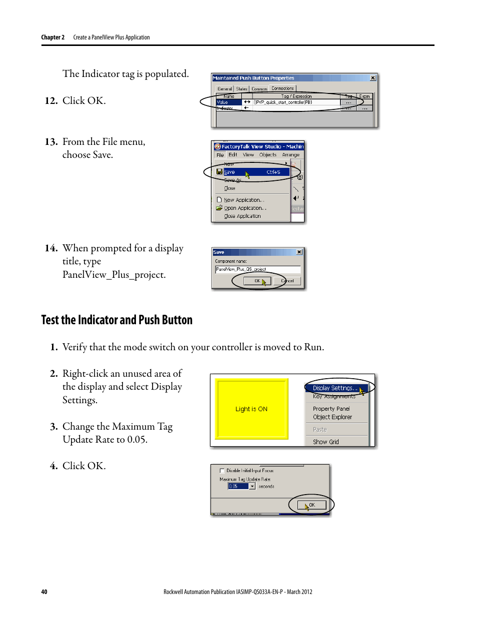 Test the indicator and push button, Test the indicator, And push button | Rockwell Automation Logix5000 Control Systems: Connect PanelView Plus Terminals over EtherNet/IP Quick Start User Manual | Page 40 / 56
