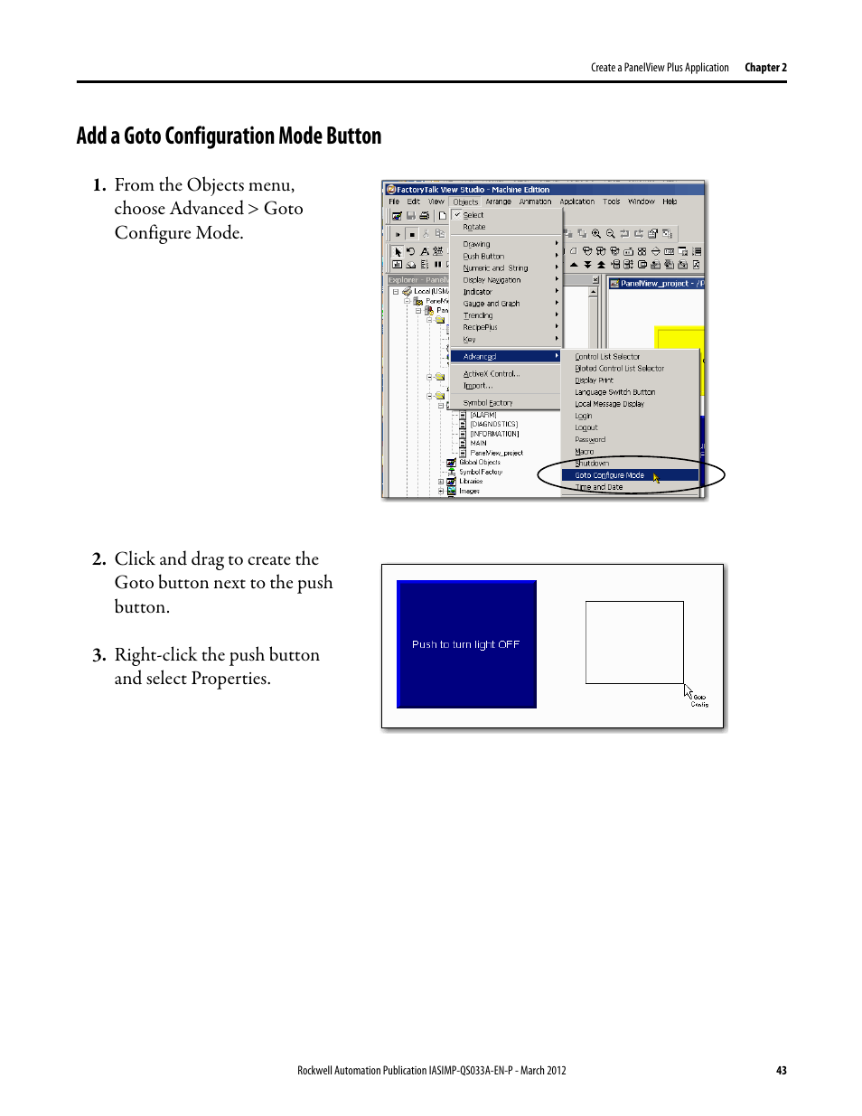 Add a goto configuration mode button, Add a goto, Configuration mode | Button | Rockwell Automation Logix5000 Control Systems: Connect PanelView Plus Terminals over EtherNet/IP Quick Start User Manual | Page 43 / 56