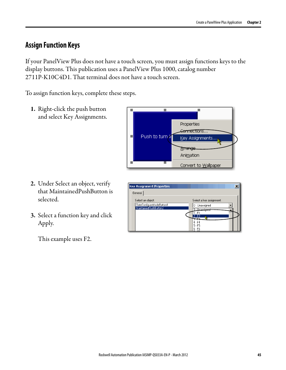 Assign function keys, Assign function, Keys | Rockwell Automation Logix5000 Control Systems: Connect PanelView Plus Terminals over EtherNet/IP Quick Start User Manual | Page 45 / 56