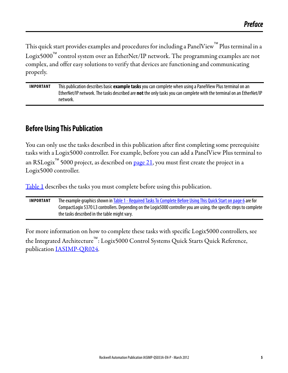 Preface, Before using this publication | Rockwell Automation Logix5000 Control Systems: Connect PanelView Plus Terminals over EtherNet/IP Quick Start User Manual | Page 5 / 56