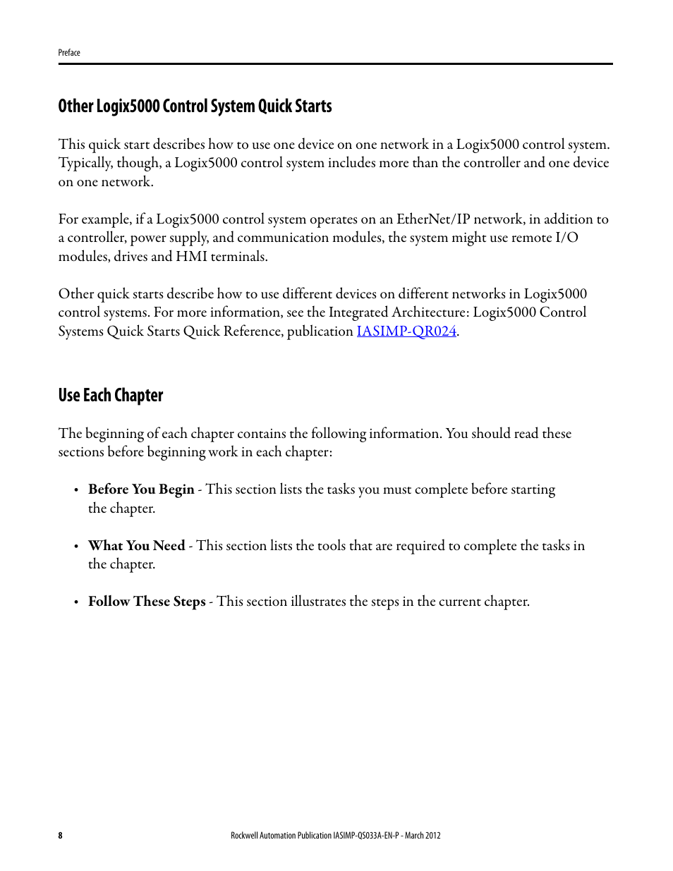 Other logix5000 control system quick starts, Use each chapter | Rockwell Automation Logix5000 Control Systems: Connect PanelView Plus Terminals over EtherNet/IP Quick Start User Manual | Page 8 / 56