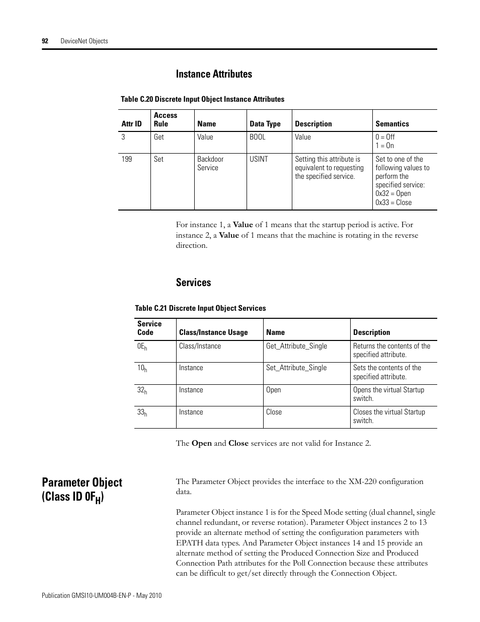 Instance attributes, Services, Parameter object (class id 0fh) | Instance attributes services, Parameter object (class id 0f | Rockwell Automation 1440-SPD02-01RB XM-220 Dual Speed Module User Manual | Page 100 / 127