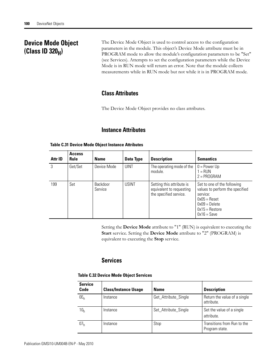Device mode object (class id 320h), Class attributes, Instance attributes | Services, Class attributes instance attributes services, Device mode object (class id 320 | Rockwell Automation 1440-SPD02-01RB XM-220 Dual Speed Module User Manual | Page 108 / 127
