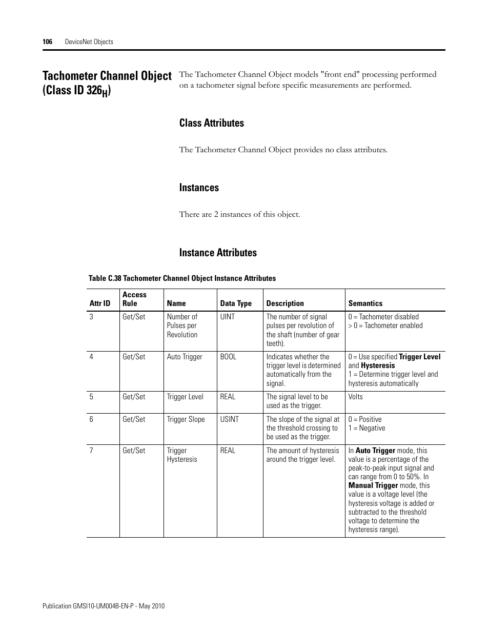 Tachometer channel object (class id 326h), Class attributes, Instances | Instance attributes, Class attributes instances instance attributes, Tachometer channel object (class id 326 | Rockwell Automation 1440-SPD02-01RB XM-220 Dual Speed Module User Manual | Page 114 / 127