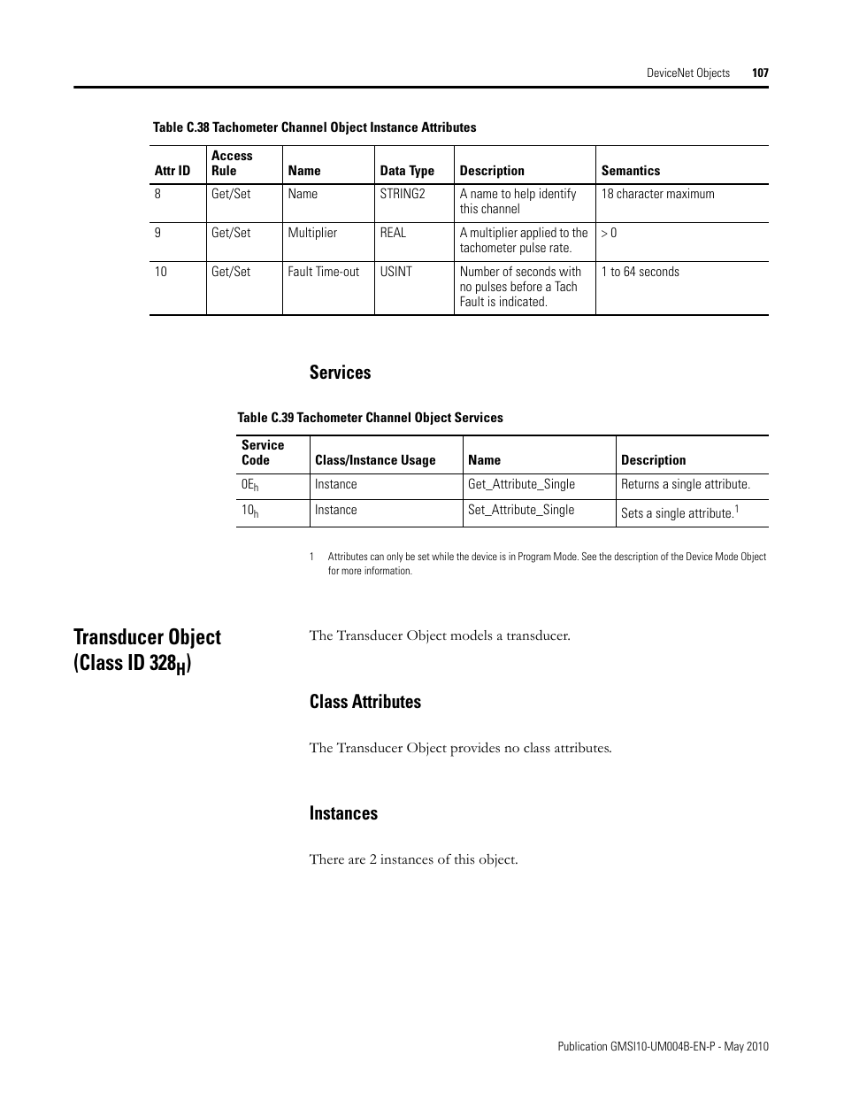 Services, Transducer object (class id 328h), Class attributes | Instances, Class attributes instances, Transducer object (class id 328 | Rockwell Automation 1440-SPD02-01RB XM-220 Dual Speed Module User Manual | Page 115 / 127