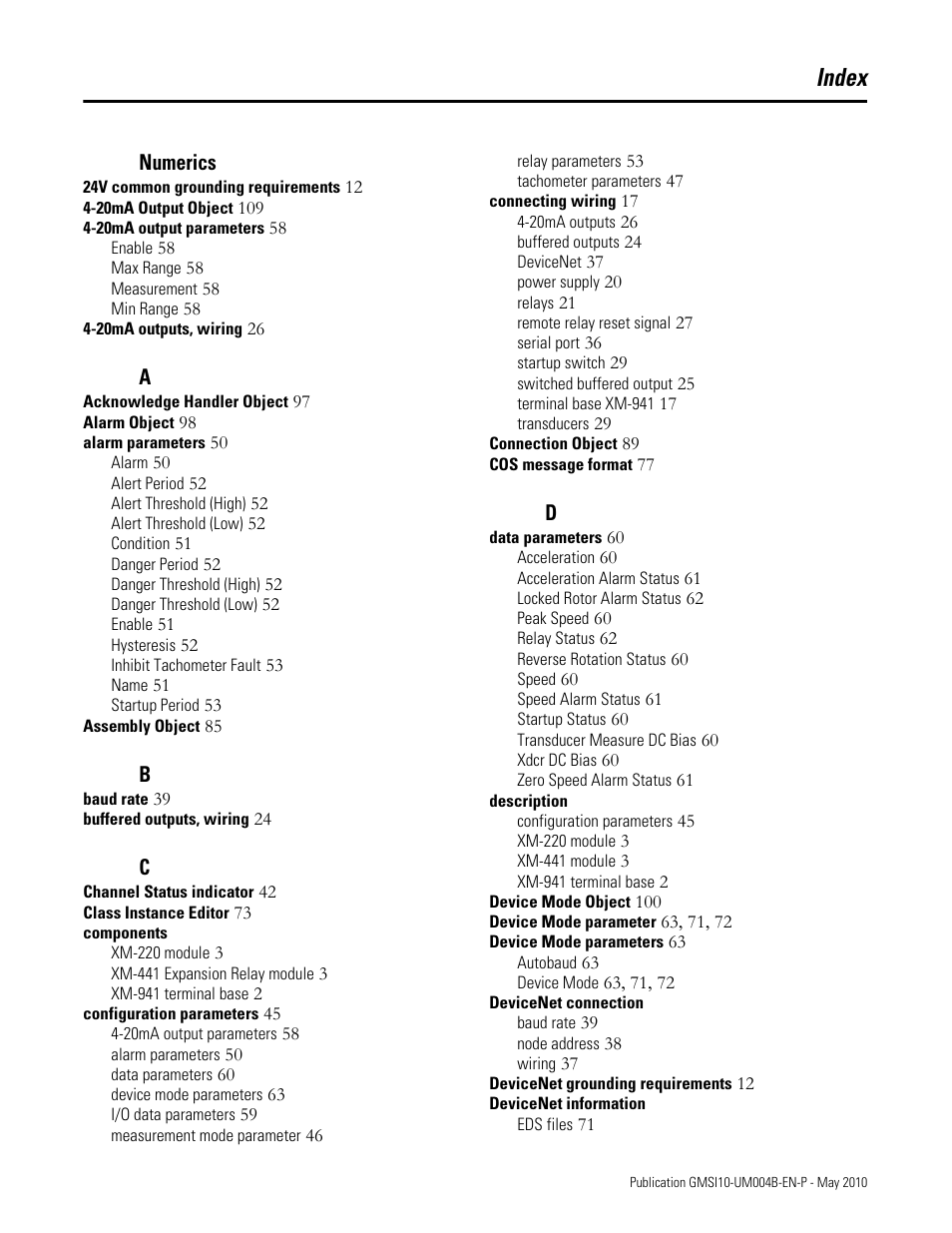 Index | Rockwell Automation 1440-SPD02-01RB XM-220 Dual Speed Module User Manual | Page 123 / 127