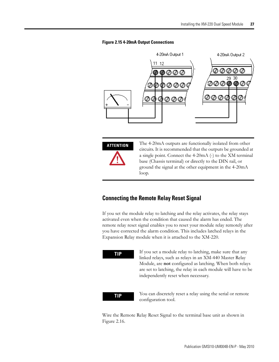 Connecting the remote relay reset signal, In figure 2.15 | Rockwell Automation 1440-SPD02-01RB XM-220 Dual Speed Module User Manual | Page 35 / 127