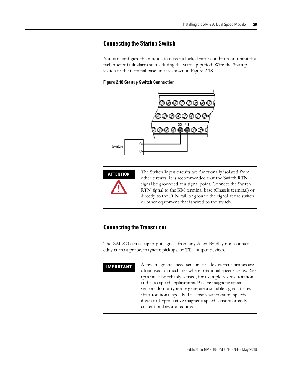 Connecting the startup switch, Connecting the transducer | Rockwell Automation 1440-SPD02-01RB XM-220 Dual Speed Module User Manual | Page 37 / 127