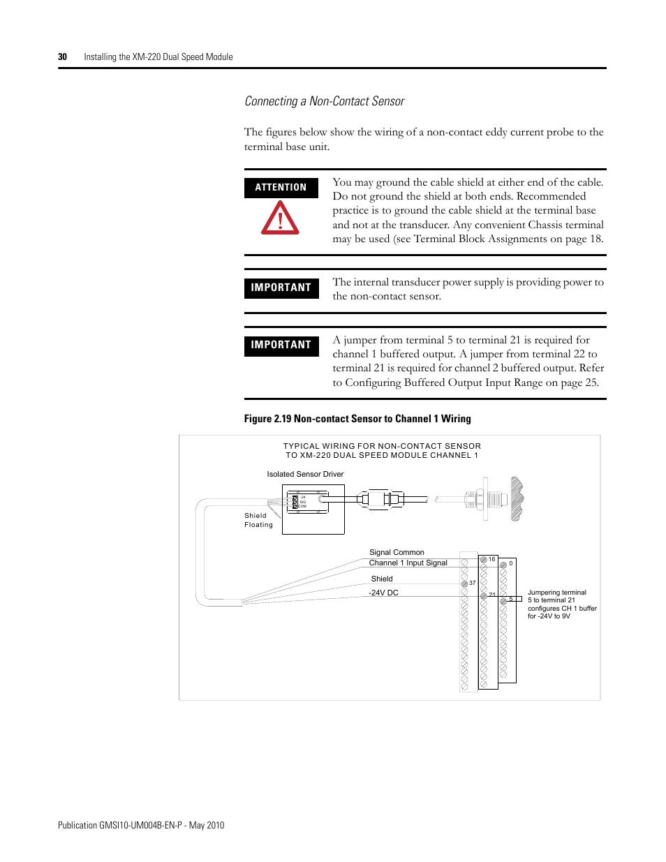 Connecting a non-contact sensor, Figure 2.19 non-contact sensor to channel 1 wiring, Important | Rockwell Automation 1440-SPD02-01RB XM-220 Dual Speed Module User Manual | Page 38 / 127