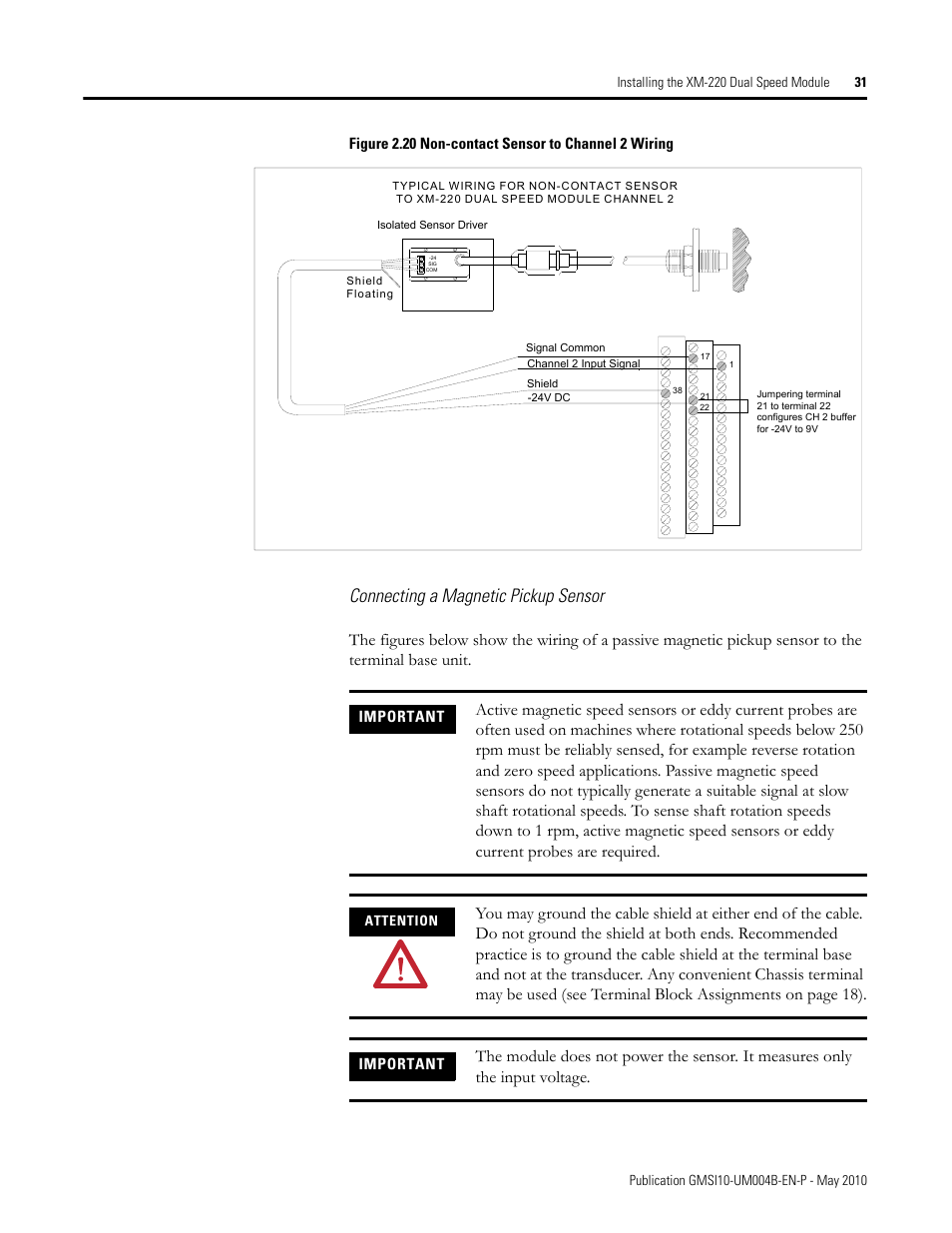 Connecting a magnetic pickup sensor, Figure 2.20 non-contact sensor to channel 2 wiring, Important | Rockwell Automation 1440-SPD02-01RB XM-220 Dual Speed Module User Manual | Page 39 / 127