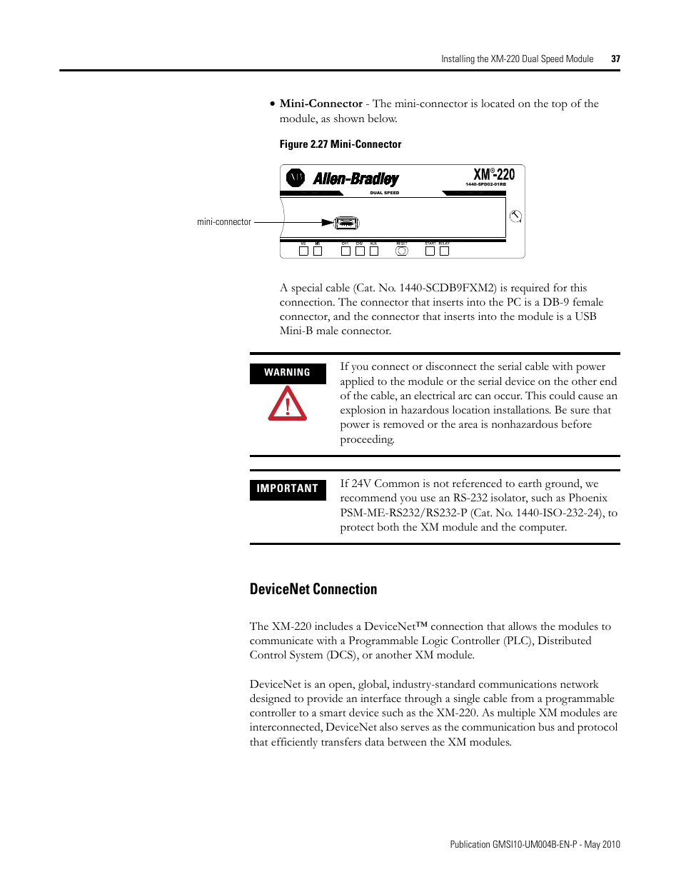 Devicenet connection | Rockwell Automation 1440-SPD02-01RB XM-220 Dual Speed Module User Manual | Page 45 / 127