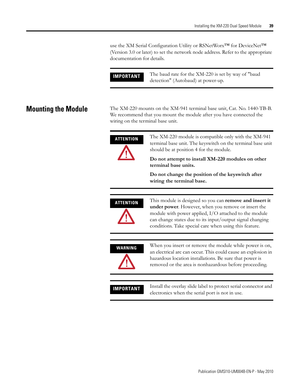 Mounting the module | Rockwell Automation 1440-SPD02-01RB XM-220 Dual Speed Module User Manual | Page 47 / 127