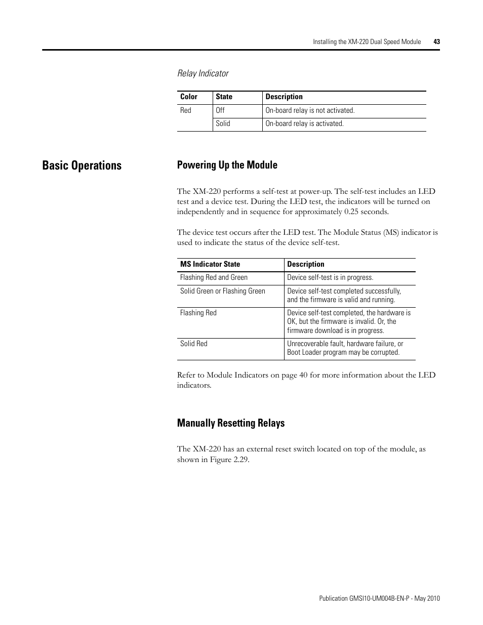 Basic operations, Powering up the module, Manually resetting relays | Powering up the module manually resetting relays | Rockwell Automation 1440-SPD02-01RB XM-220 Dual Speed Module User Manual | Page 51 / 127