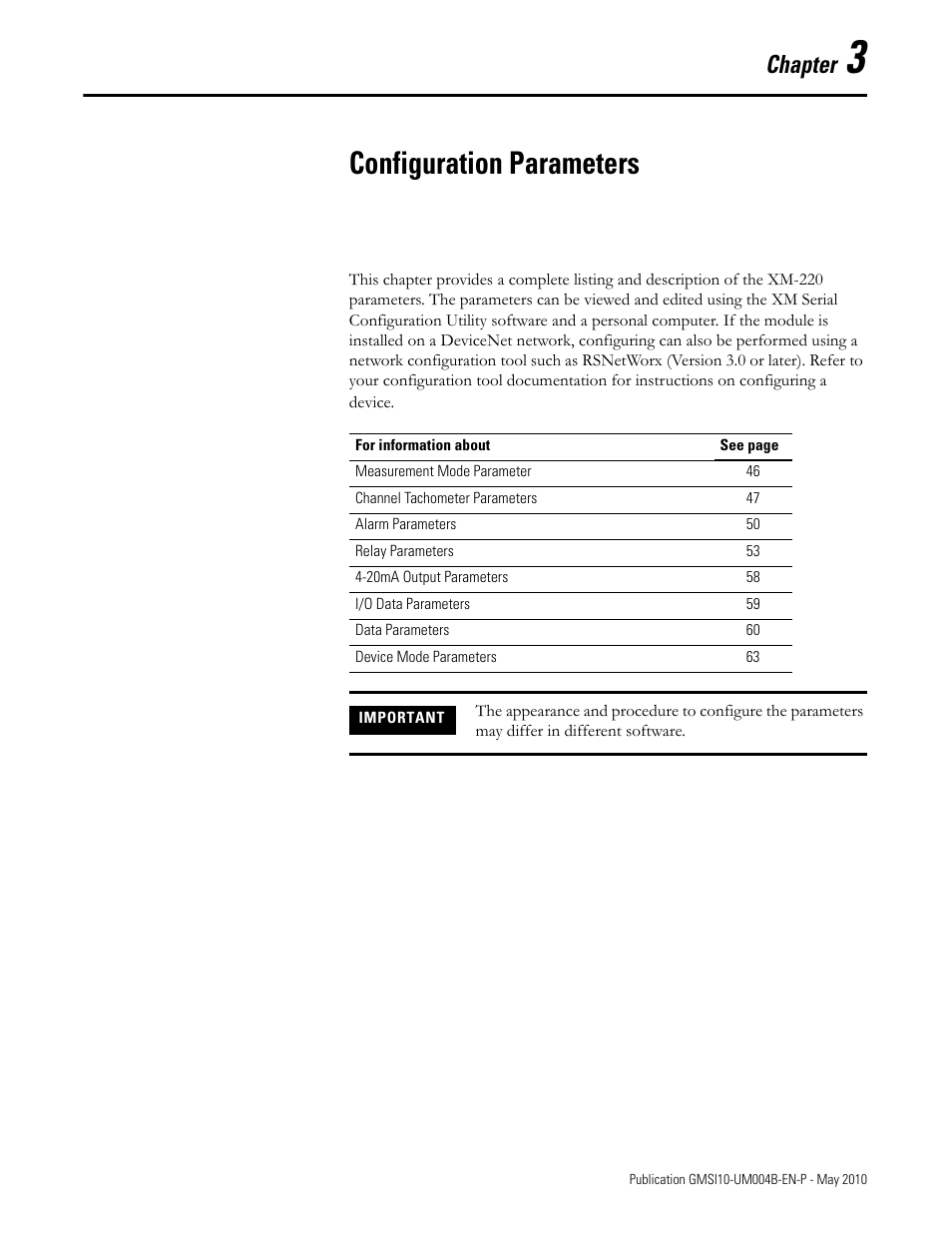 Configuration parameters, Chapter 3, Chapter | Rockwell Automation 1440-SPD02-01RB XM-220 Dual Speed Module User Manual | Page 53 / 127