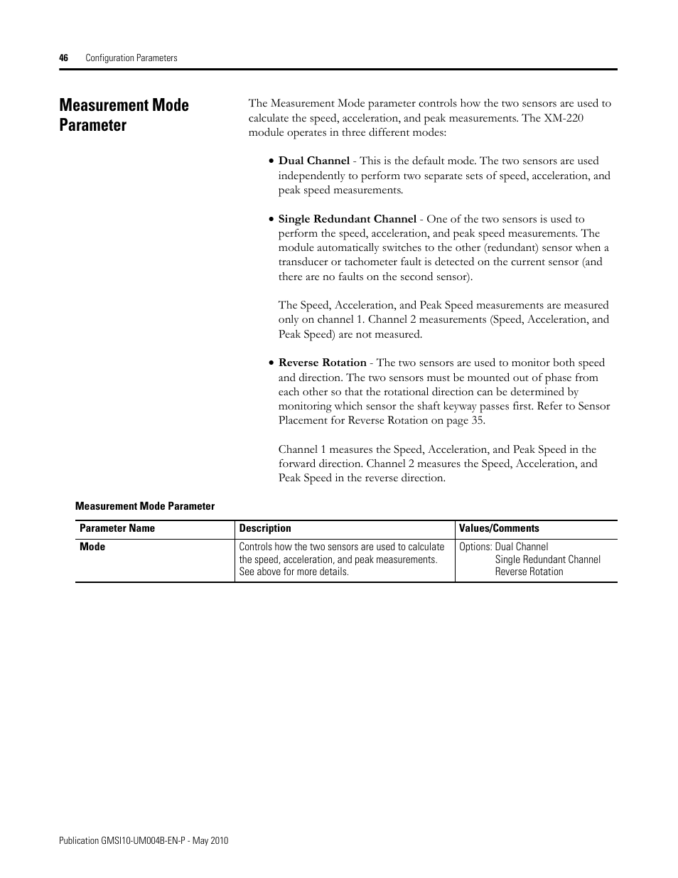 Measurement mode parameter | Rockwell Automation 1440-SPD02-01RB XM-220 Dual Speed Module User Manual | Page 54 / 127