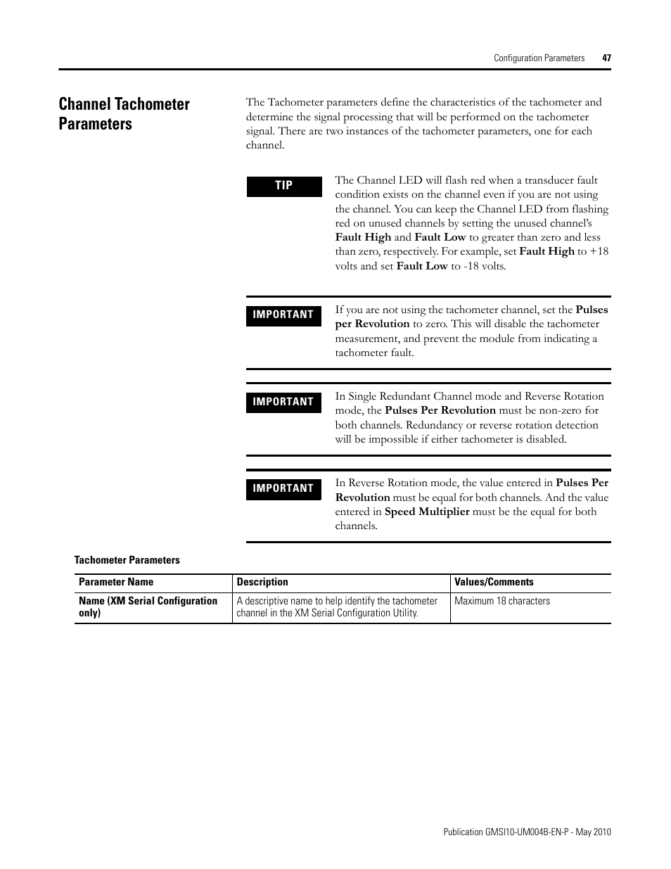 Channel tachometer parameters | Rockwell Automation 1440-SPD02-01RB XM-220 Dual Speed Module User Manual | Page 55 / 127