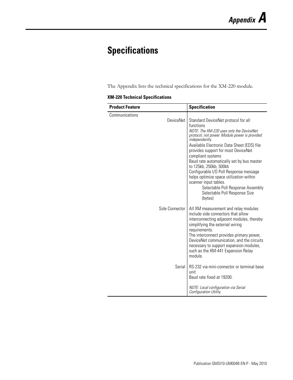 Specifications, Appendix a, Appendix | Rockwell Automation 1440-SPD02-01RB XM-220 Dual Speed Module User Manual | Page 73 / 127