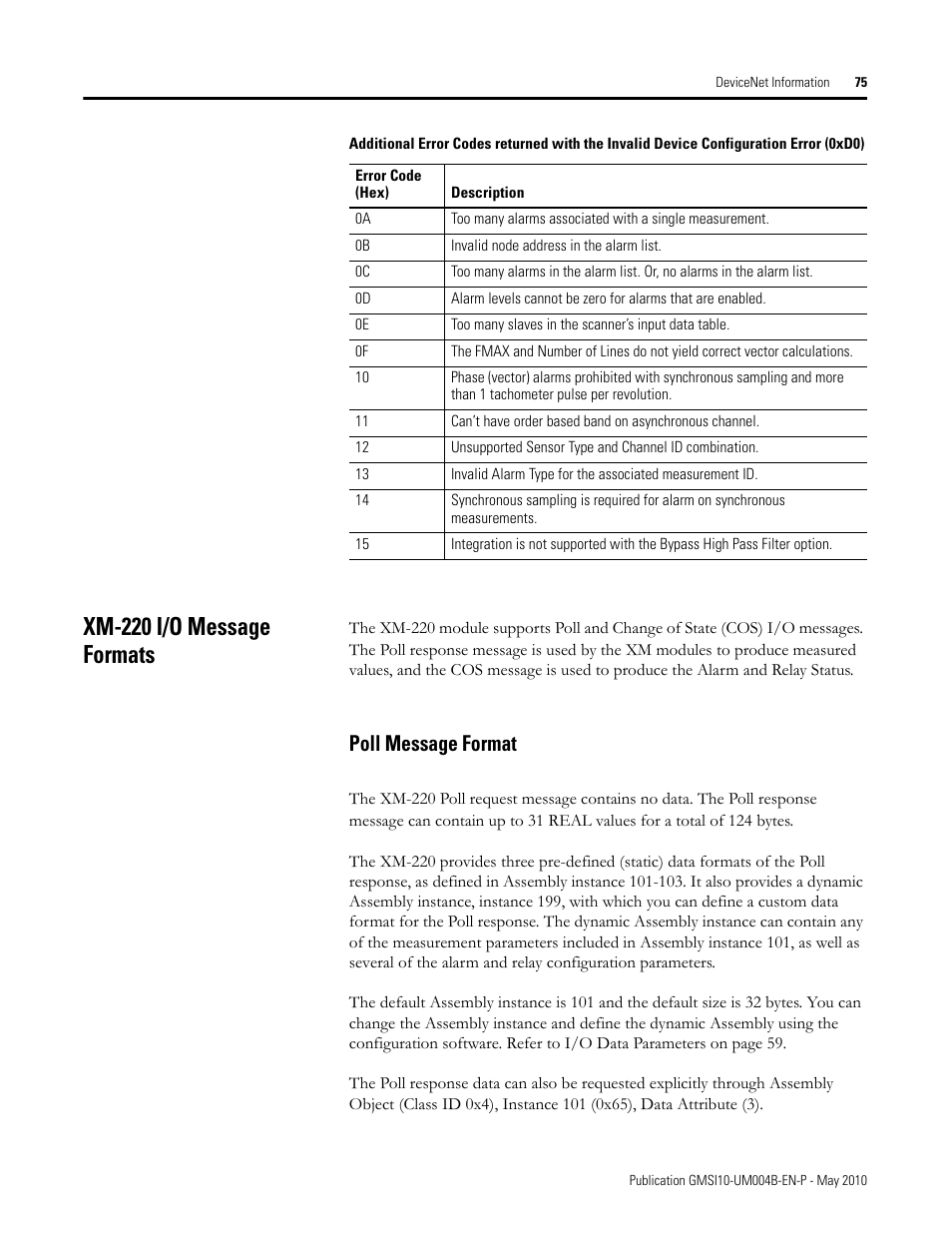 Xm-220 i/o message formats, Poll message format | Rockwell Automation 1440-SPD02-01RB XM-220 Dual Speed Module User Manual | Page 83 / 127