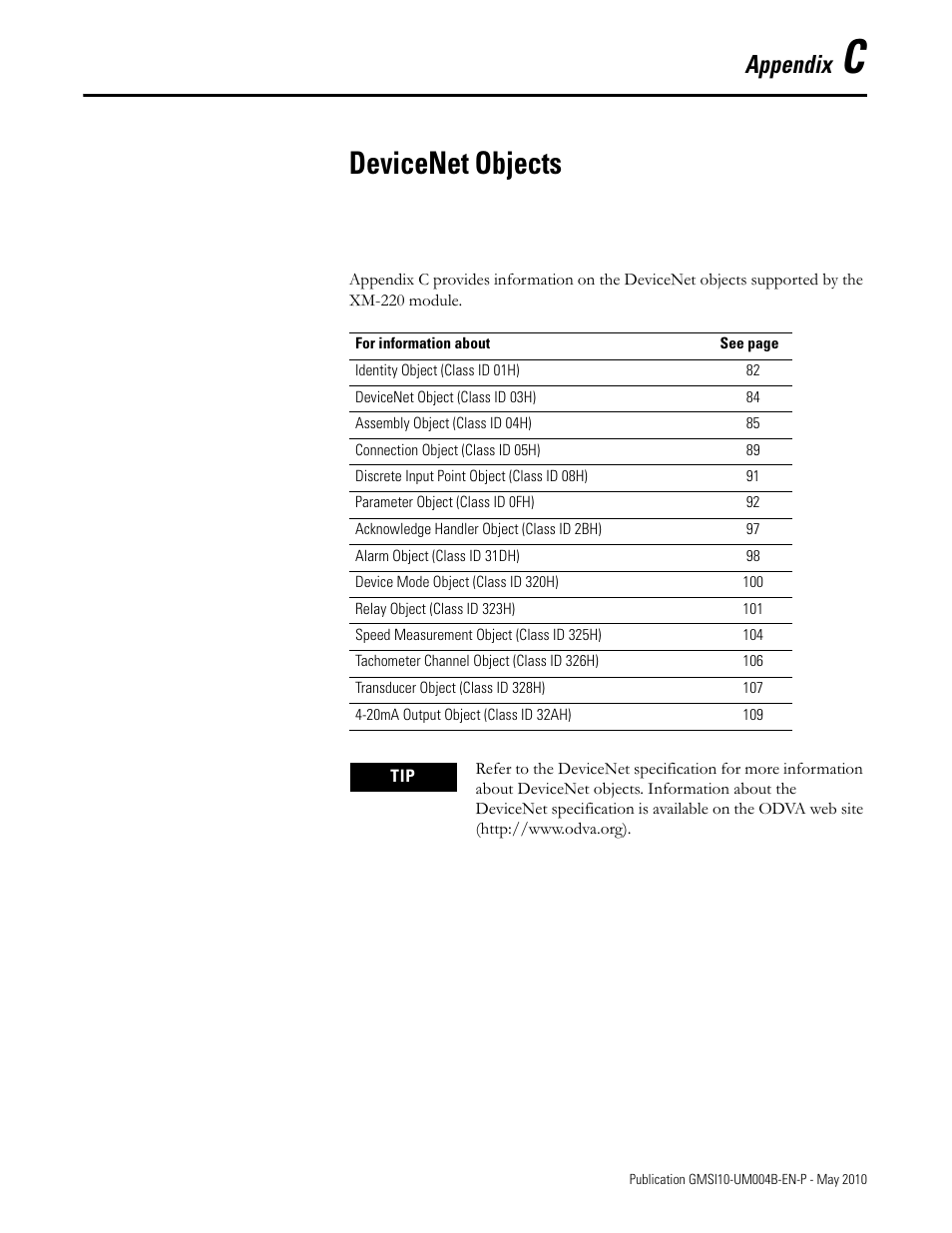 Devicenet objects, Appendix c, Appendix | Rockwell Automation 1440-SPD02-01RB XM-220 Dual Speed Module User Manual | Page 89 / 127