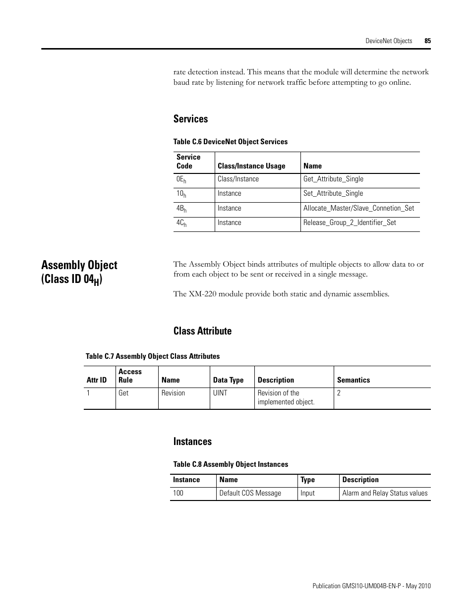 Services, Assembly object (class id 04h), Class attribute | Instances, Class attribute instances, Assembly object (class id 04 | Rockwell Automation 1440-SPD02-01RB XM-220 Dual Speed Module User Manual | Page 93 / 127