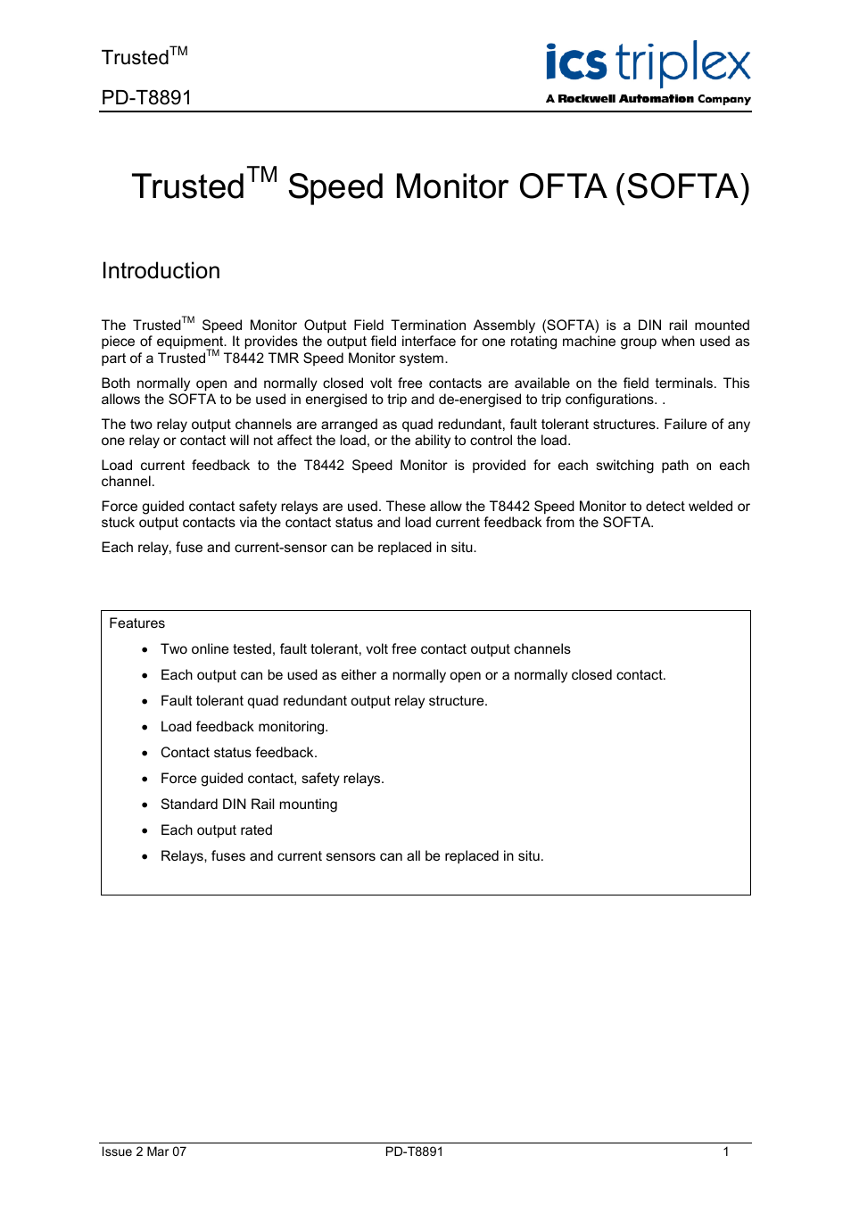 Rockwell Automation T8891 Trusted Speed Monitor OFTA (SOFTA) User Manual | 20 pages