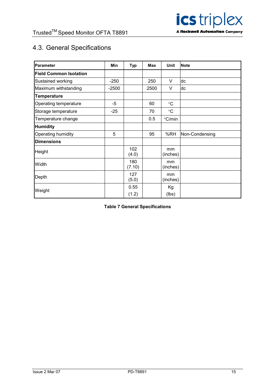 General specifications, Table 7 general specifications, Trusted | Speed monitor ofta t8891 | Rockwell Automation T8891 Trusted Speed Monitor OFTA (SOFTA) User Manual | Page 15 / 20