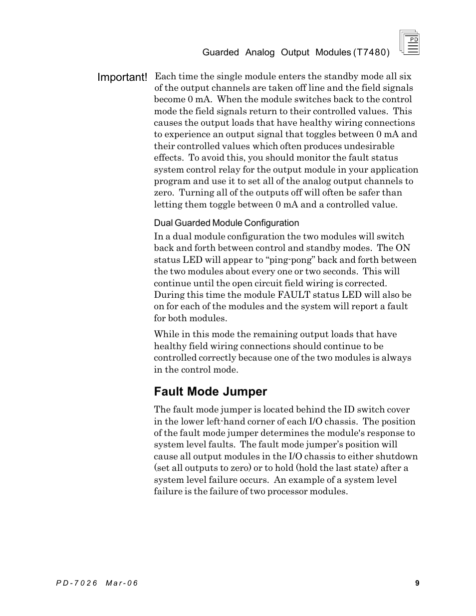 Fault mode jumper, Important | Rockwell Automation T7480 ICS Regent+Plus Guarded Analog Output Modules User Manual | Page 9 / 26