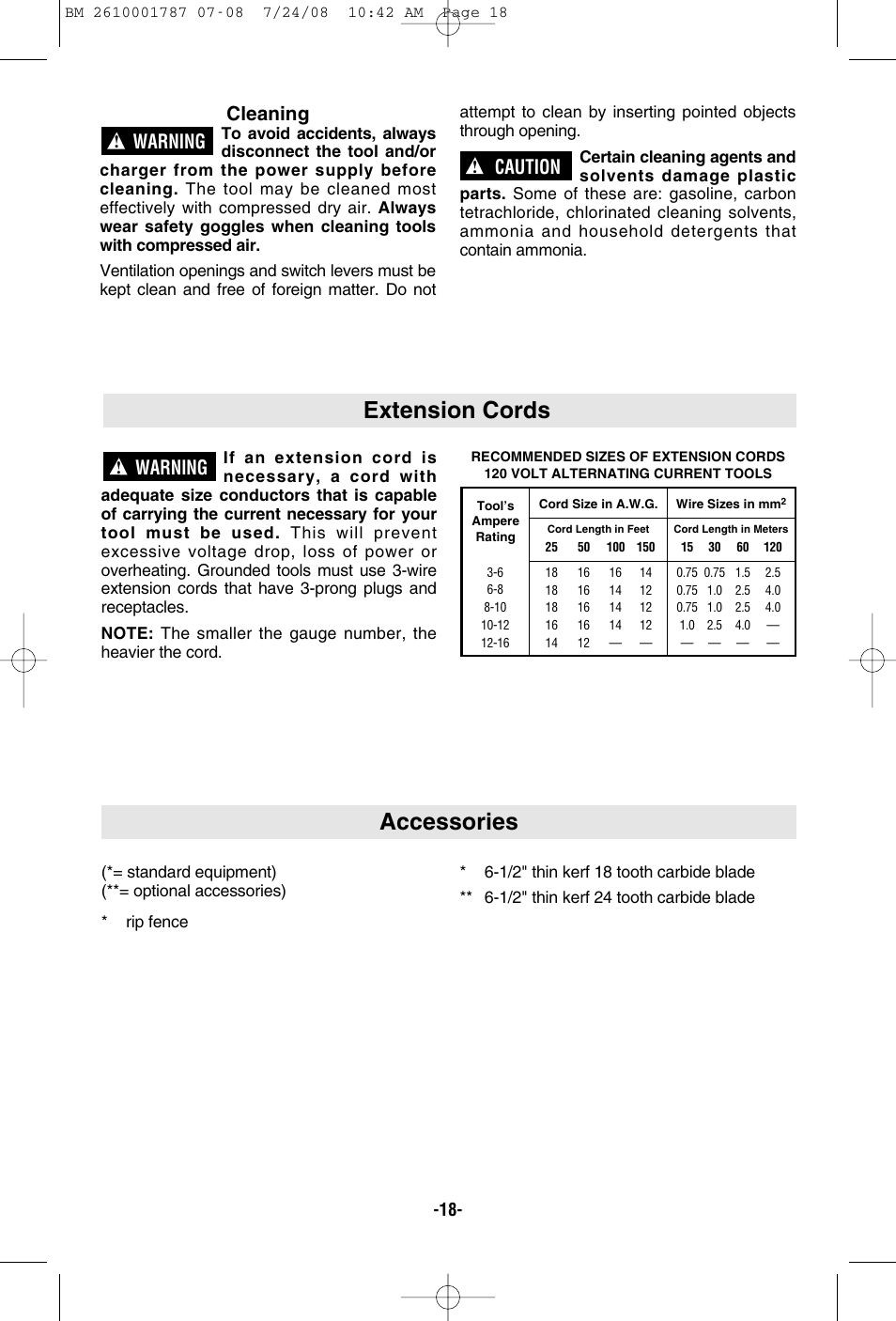 Accessories, Extension cords, Cleaning | Warning, Caution | Bosch CCS180 User Manual | Page 18 / 56