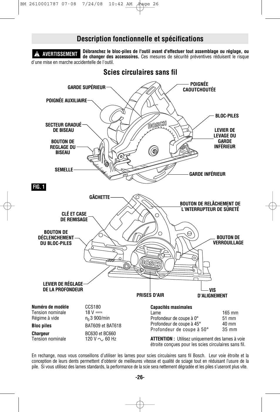 Description fonctionnelle et spécifications, Scies circulaires sans fil | Bosch CCS180 User Manual | Page 26 / 56