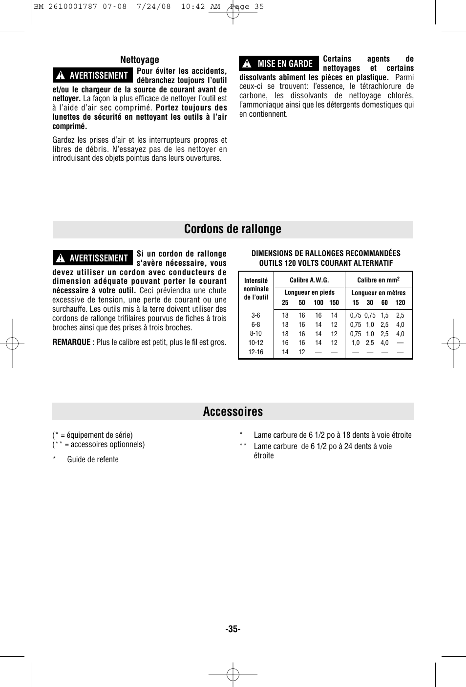 Cordons de rallonge, Accessoires, Nettoyage | Avertissement ! mise en garde, Avertissement | Bosch CCS180 User Manual | Page 35 / 56