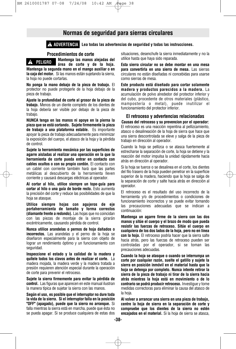 Normas de seguridad para sierras circulares | Bosch CCS180 User Manual | Page 38 / 56