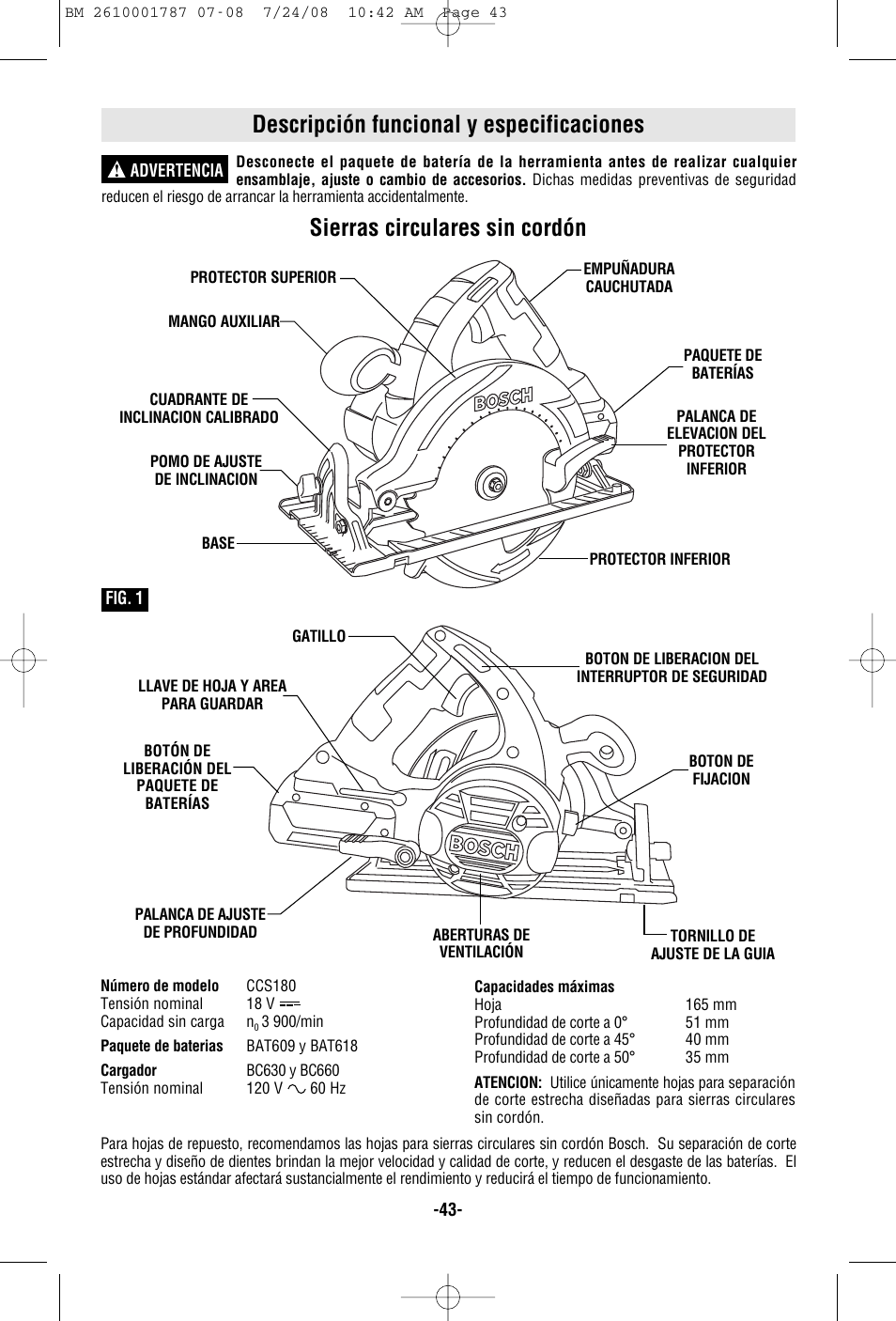 Descripción funcional y especificaciones, Sierras circulares sin cordón | Bosch CCS180 User Manual | Page 43 / 56
