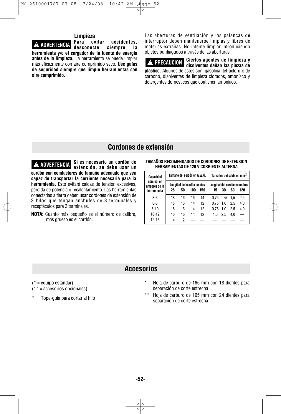 Accesorios cordones de extensión, Limpieza, Precaucion ! advertencia | Advertencia | Bosch CCS180 User Manual | Page 52 / 56