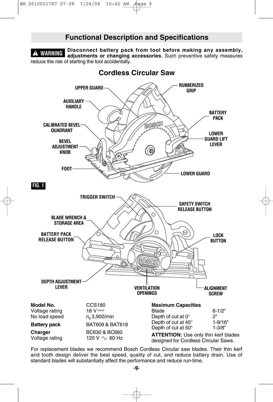 Functional description and specifications, Cordless circular saw | Bosch CCS180 User Manual | Page 9 / 56