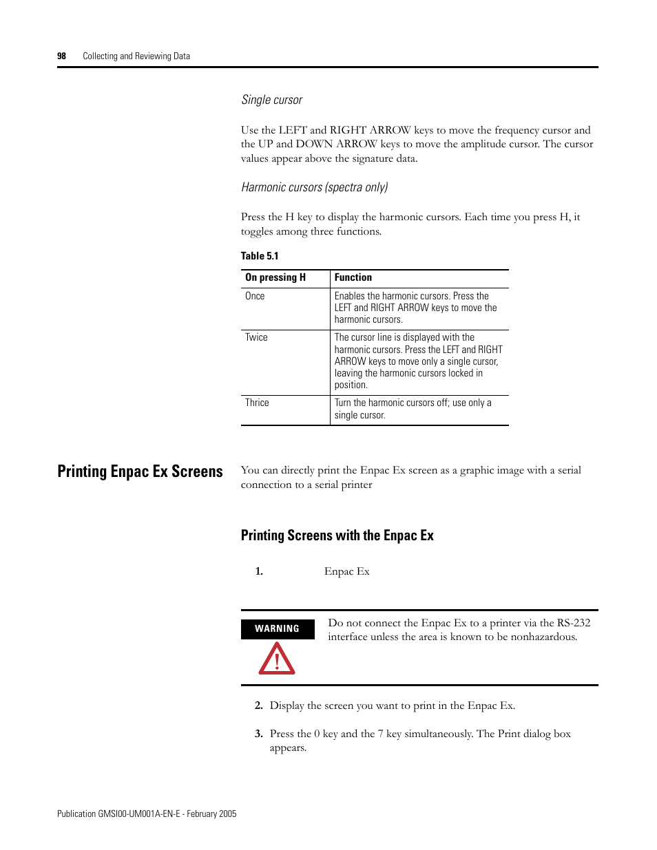 Printing enpac ex screens, Printing screens with the enpac ex | Rockwell Automation 441-PEN25 Enpac Ex Data Collector User Manual | Page 104 / 147
