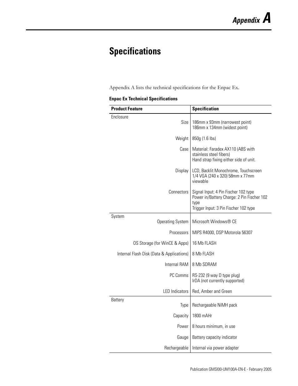 Specifications, Appendix a, Appendix | Rockwell Automation 441-PEN25 Enpac Ex Data Collector User Manual | Page 107 / 147
