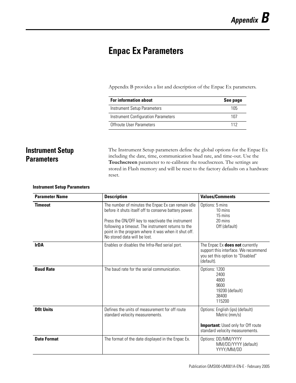 Enpac ex parameters, Instrument setup parameters, Appendix b | Appendix | Rockwell Automation 441-PEN25 Enpac Ex Data Collector User Manual | Page 111 / 147