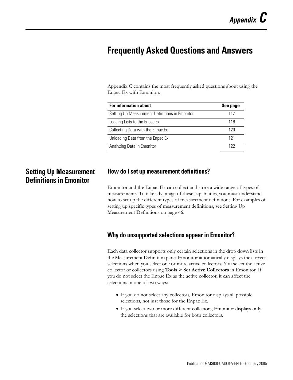 Frequently asked questions and answers, Setting up measurement definitions in emonitor, How do i set up measurement definitions | Why do unsupported selections appear in emonitor, Appendix c, Appendix | Rockwell Automation 441-PEN25 Enpac Ex Data Collector User Manual | Page 123 / 147