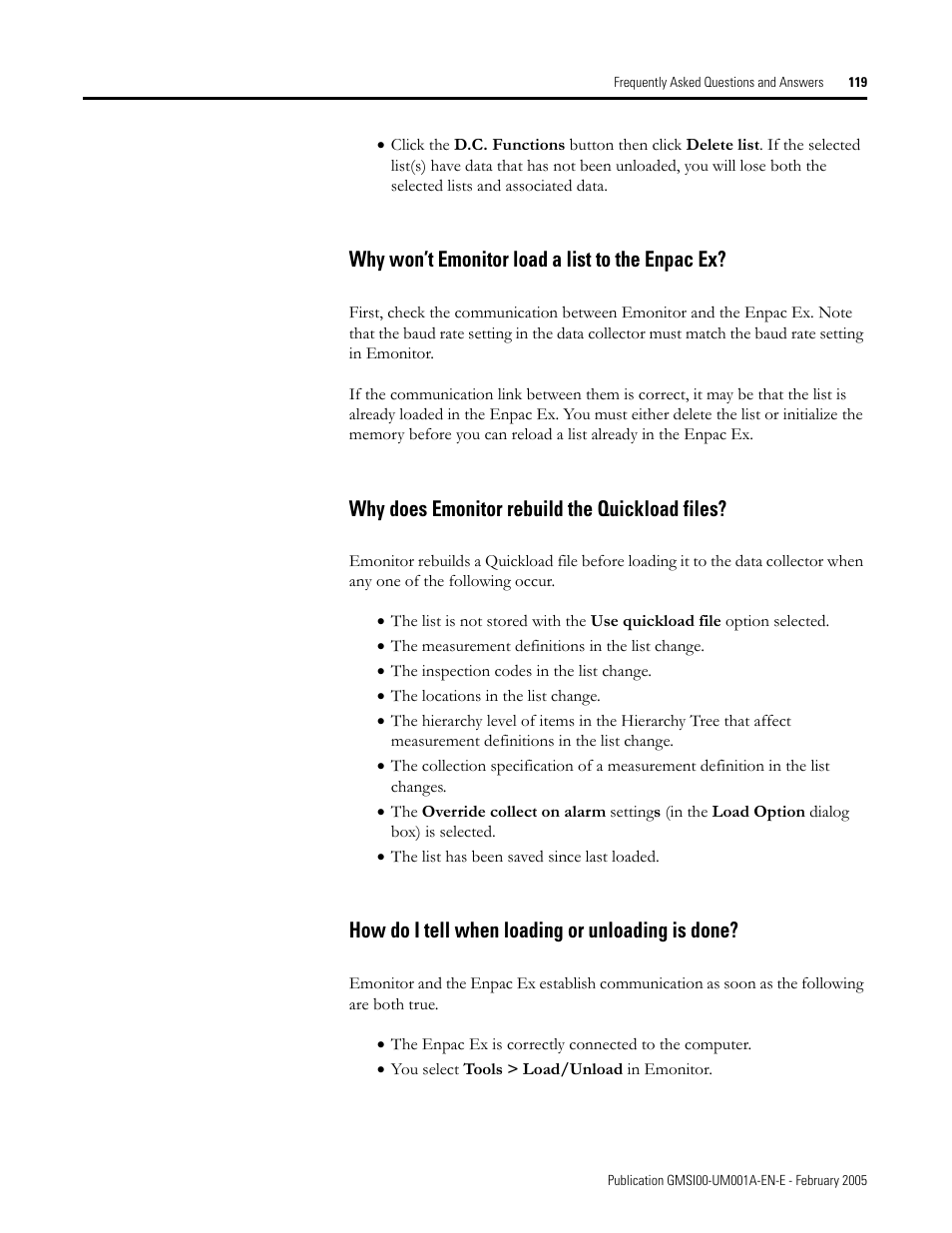 Why won’t emonitor load a list to the enpac ex, Why does emonitor rebuild the quickload files, How do i tell when loading or unloading is done | Rockwell Automation 441-PEN25 Enpac Ex Data Collector User Manual | Page 125 / 147