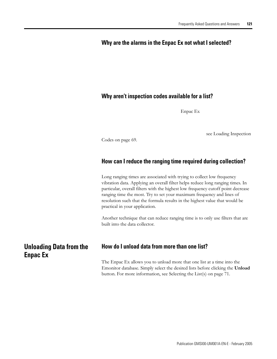 Why aren’t inspection codes available for a list, Unloading data from the enpac ex, How do i unload data from more than one list | Rockwell Automation 441-PEN25 Enpac Ex Data Collector User Manual | Page 127 / 147