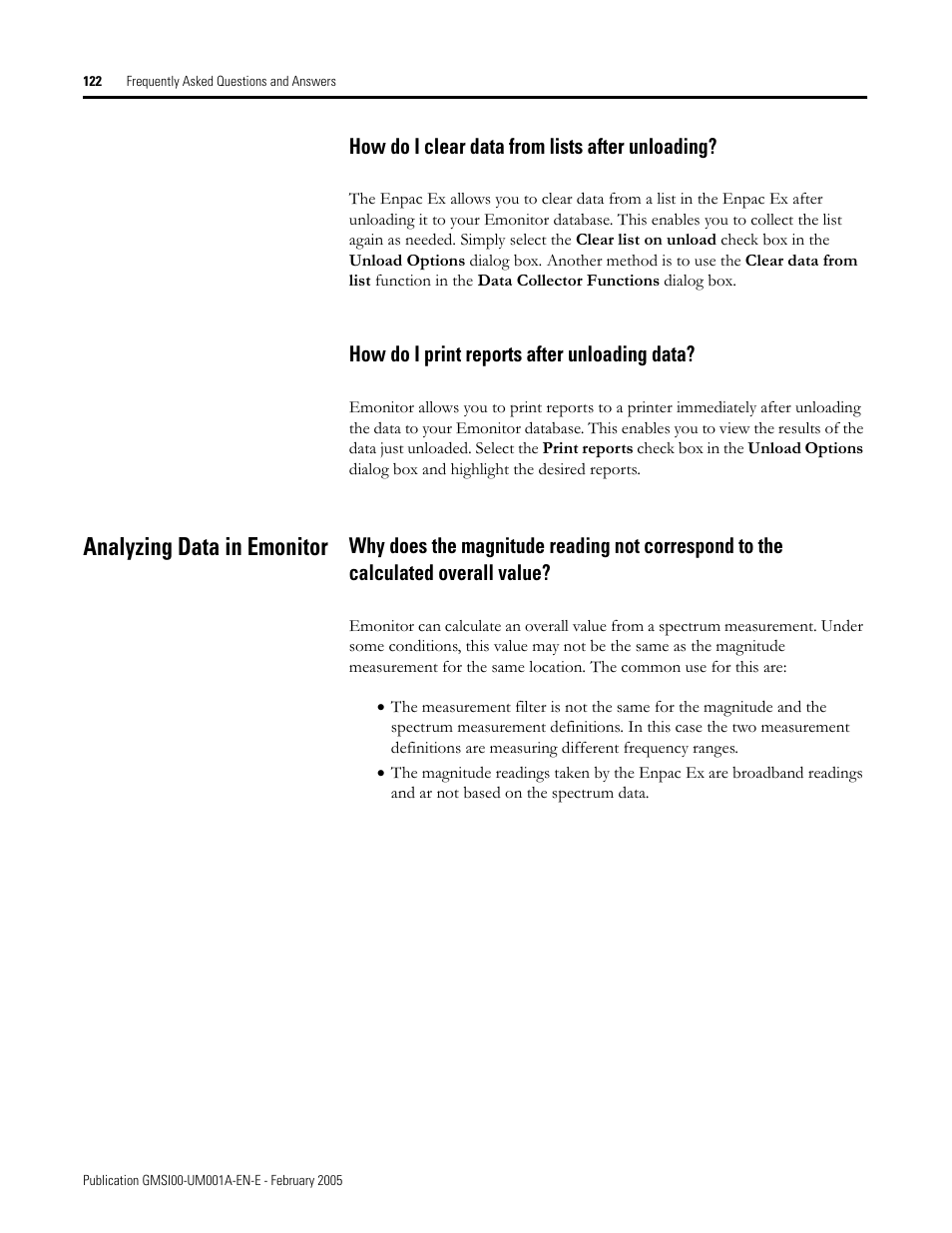 How do i clear data from lists after unloading, How do i print reports after unloading data, Analyzing data in emonitor | Rockwell Automation 441-PEN25 Enpac Ex Data Collector User Manual | Page 128 / 147