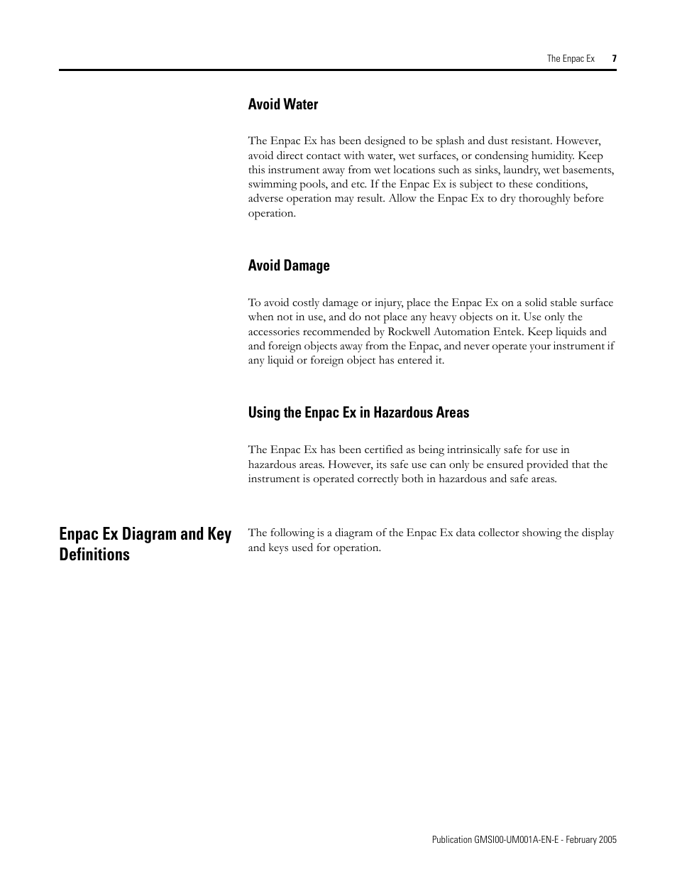 Avoid water, Avoid damage, Using the enpac ex in hazardous areas | Enpac ex diagram and key definitions | Rockwell Automation 441-PEN25 Enpac Ex Data Collector User Manual | Page 13 / 147